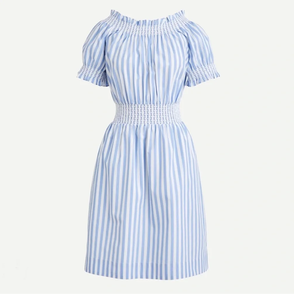 J. Crew 100% cotton Smocked puff-sleeve poplin dress in stripe blue white S